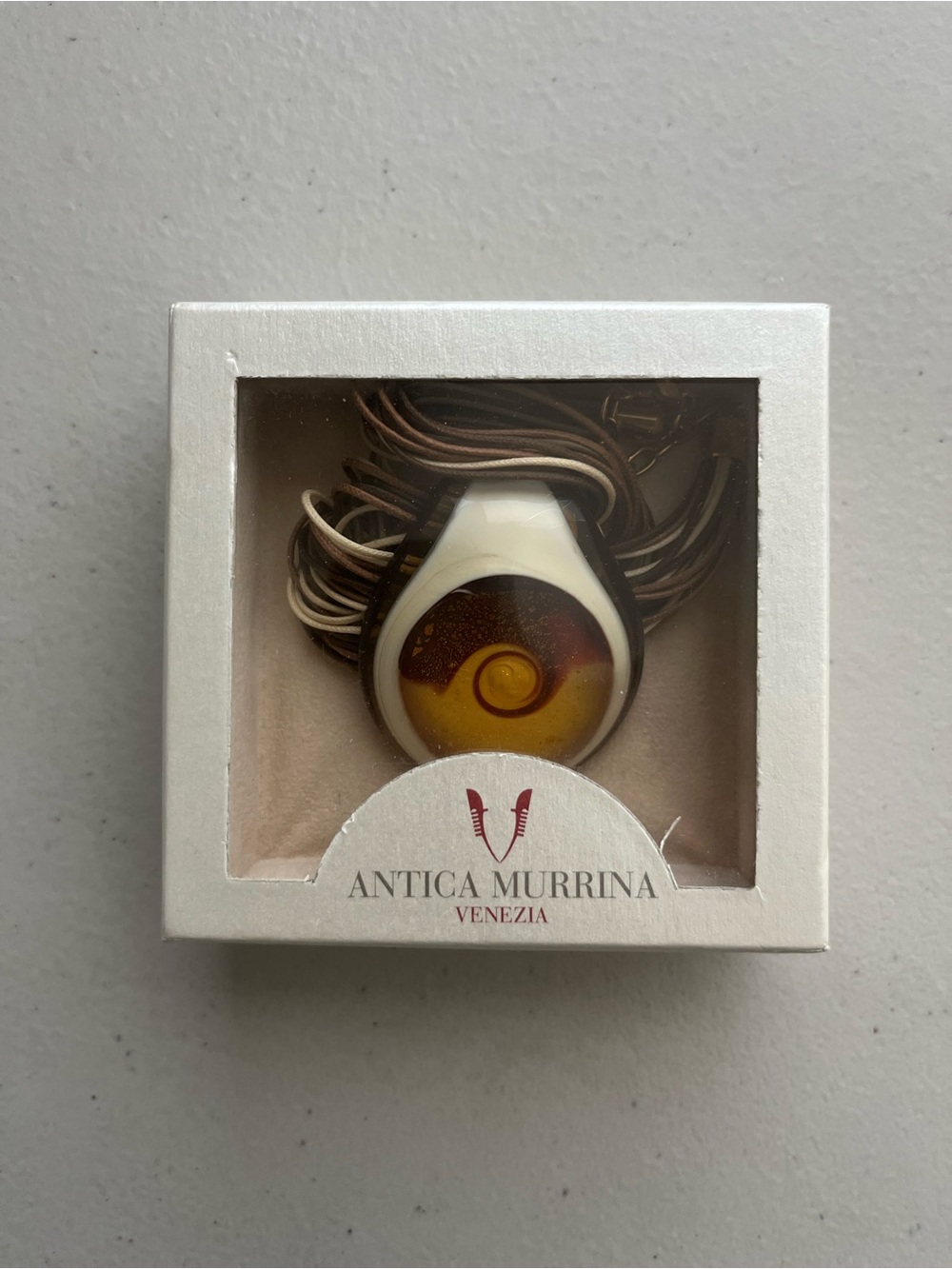 Antica Murrina Venezia Glass Pendant Necklace - White with Amber Swirl